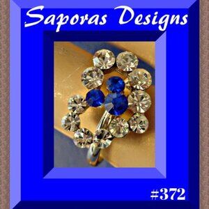 Silver Tone Heart Design Ring With Clear & Blue Crystals Size 7 & Adjustable